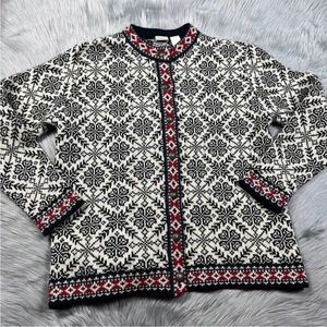 Vintage L.L. Bean Merino Wool Cardigan Nordic Fair Isle Snowflake Winter